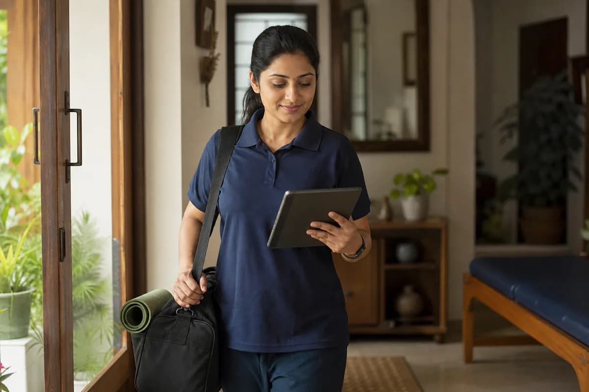 JeevaSetu physiotherapist preparing for a professional home-care visit